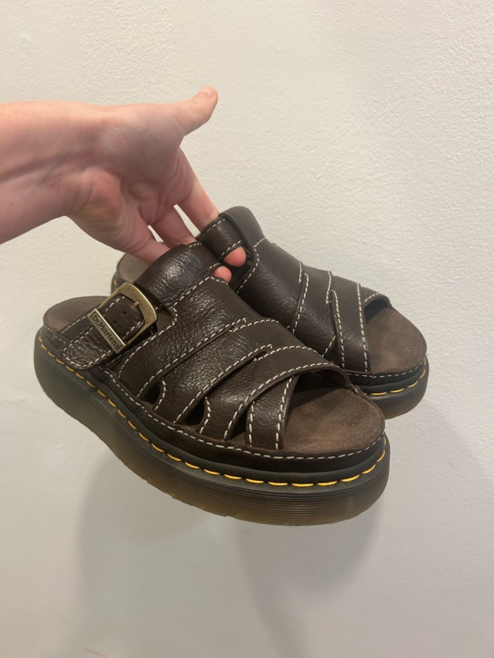 Dr. Martens Dark Brown Leather Platform Slide Sandals with Yellow Stitching